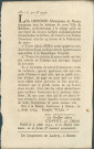 Annonce des officiers municipaux de Namur invitant les habitants à déposer à la Maison commune les effets ayant appartenu aux Autrichiens, les outils enlevés au château, les boîtes de cuivre servant aux roues de l'artillerie enlevées au château. Demande du citoyen Salligny, adjudant-général commandant de la Place. Signé Coppoy.