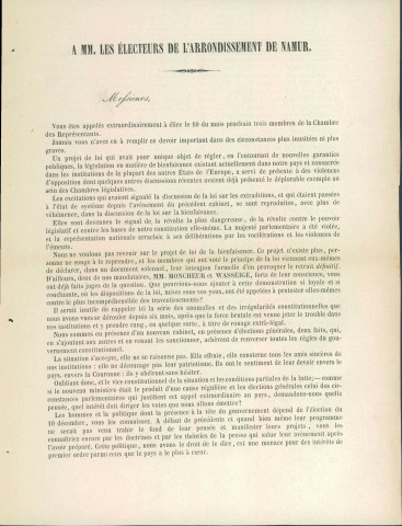 Appel à voter pour les candidats de l'Union constitutionnelle et conservatrice de l'arrondissement de Namur.