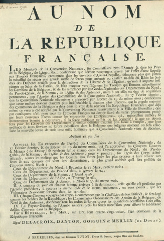 Annonce à la population pour la levée de troupes pour chasser au-delà du Rhin les armées coalisées contre la République. Signé Delacroix, Danton, Gossuin, Merlin (de Douay).