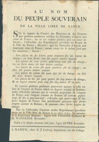 Proclamation de l'Assemblée générale des représentants provisoires du peuple souverain de Namur sur le taux de change des monnaies locales avec l'argent français. Signé Dupré secrétaire