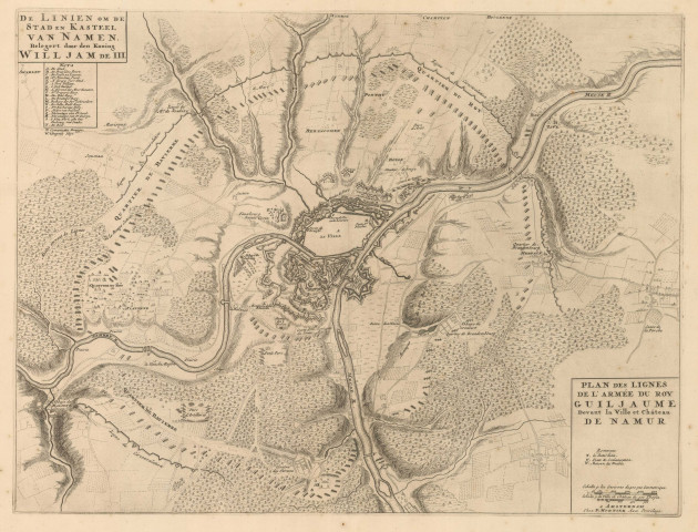 Plan des lignes de l'armée du Roy Guiljaume Devant la Ville et Château de Namur
De Linien om de Stad en Kastel van Namen, Belegert door den Koning Willjam de III.
A Amsterdam Chez P. Mortier Avec Privilège.