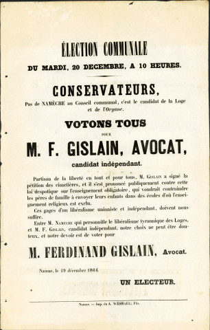 Appel d'un électeur à voter pour Ferdinand Gislain.