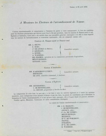 Liste des candidats présentés par l'Union constitutionnelle et conservatrice de l'arrondissement de Namur.