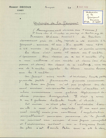 Note de Robert Decoux résumant le témoignage, trouvé dans un cahier de partage, d'un ouvrier qui a travaillé à la carrière jusqu'en 1847 environ