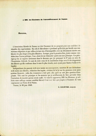 Supplément du journal L'Éclaireur du 11 juin 1848 reproduisant les faits principaux consignés au procès-verbal de l'assemblée générale de l'Association libérale de Namur du 10juin 1848.