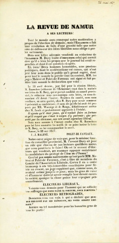 Billet de La Revue de Namur à ses lecteurs dans lequel elle fustige la candidature d'Edmond Dury. Une mention manuscrite date ce document du 24 mai 1847.