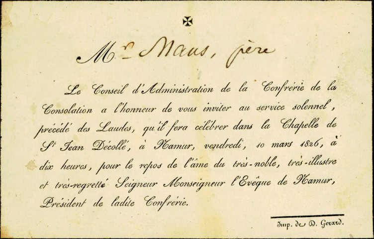 Invitation au service solennel dans la chapelle Saint-Jean Décollé pour le repos de l'âme de Monseigneur l'Évêque de Namur et président de la Confrérie.