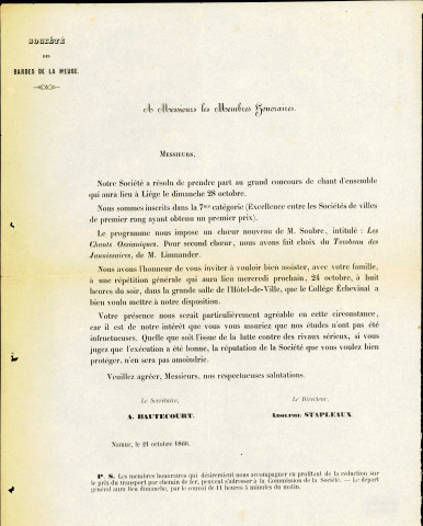 Invitation à assister à une répétition générale qui est organisée en vue de la participation au grand concours de chant d'ensemble qui a lieu à Liège, le 28 octobre 1860.