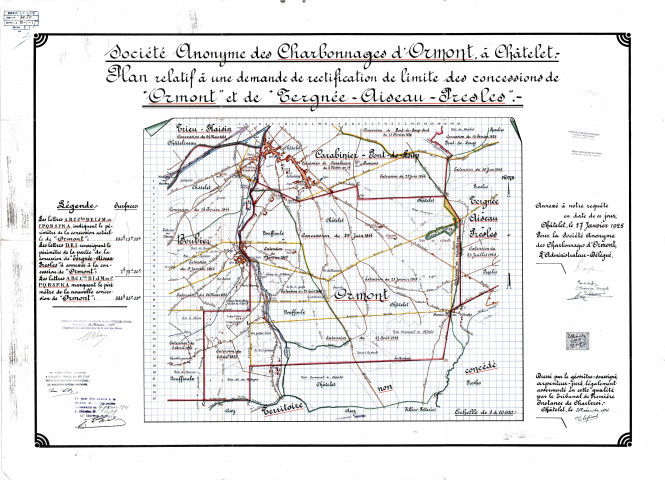 Société Anonyme des Charbonnages d'Ormont, à Châtelet. - Plan relatif à une demande de rectification de limite des concessions de "Ormont" et de "Tergnée-Aiseau-Presles".-