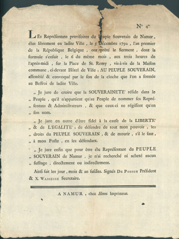 Information (n° 4) à la population namuroise sur le serment prêté le 6 décembre 1792 place Saint-Remy par les représentants élus par le peuple le 5 décembre 1792