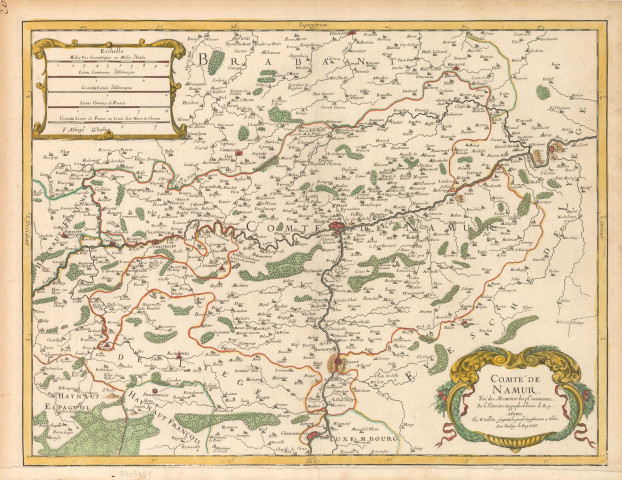 Comté de Namur. Tiré des Memoires les pls. nouveaux, Par le Sr SANSON, Geographe ordinaire du Roy. A Paris, Chez H. Jailllot, joignant les grands Augustins, aux 2 Globes. Avec Privilége du Roy. 1689.
