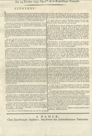 Décret de l'Assemblée nationale provisoire de la souveraineté du peuple namurois sur l'obligation pour les fonctionnaires publics et les écclésiastiques de prêter serment pour respecter la liberté, l'égalité et la souveraineté du peuple, renoncer à tout privilège et adhérer aux décrets de la Convention nationale des 15, 17 et 22 décembre 1792. Signé N. Tassin président, Quevreux secrétaire.