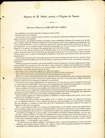 Réponse de Martin Dohet à L'Organe de Namur et de la province.
