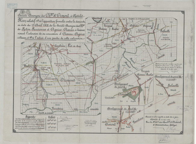 Société Anonyme des Charbonnages d'Ormont, à Châtelet. - Plan relatif : 1°) à l'opposition formulée contre la demande, en date du 13 Avril 1908, de la Société Anonyme des Charbonnages de Roton-Farciennes et Oignies-Aiseau, à Tamines, visant l'extension de sa concession d'Aiseau-Oignies, à Aiseau, et 2°) à l'octroi d'une partie de cette extension. -