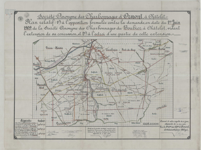 Société Anonyme des Charbonnages d'Ormont, à Châtelet. - Plan relatif : 1°) à l'opposition formulée contre la demande, en date du 1er Juin 1909, de la Société Anonyme des Charbonnages du Boubier, à Châtelet, visant l'extension de sa concession, et 2°) à l'octroi d'une partie de cette extension. -