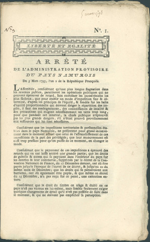 Arrêté de l'administration provisoire du pays namurois sur le paiement des impôts. Signé tous les membres de l'assemblée.