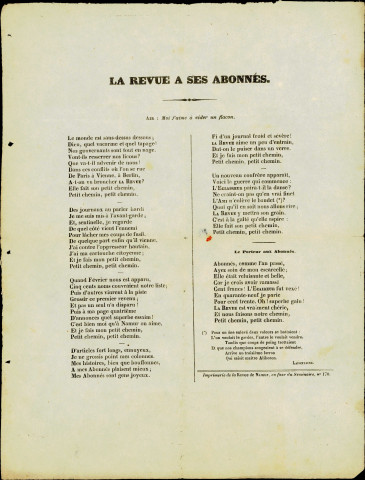 Parole d'une chanson intitulée : La Revue à ses abonnés. Composée par un certain Lafontaine, elle a été imprimée par La Revue de Namur.