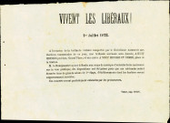 Invitation à assister à une sérénade qui sera donnée, le 1er juillet 1872, Grand'Place, à l'occasion de la victoire des libéraux.