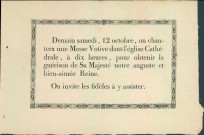 Invitation à assister, le 12 octobre 1850, à la cathédrale de Namur, à une messe votive pour obtenir la guérison de la reine Louise-Marie d'Orléans.