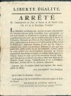 Arrêté de l'administration du Pays de Namur annonçant la suspension et l'ajournement du décret du 16 février 1793 sur le serment des fonctionnaires et des écclésiastiques. Signé P.P. Crombet vice-président, Quevreux secrétaire-général.