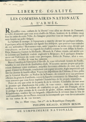Annonce à la population des commissaires nationaux à l'armée. Signé Philippe Rigaud et Scipion Bexon commissaires.