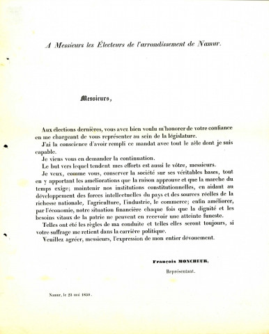 Tract électoral de François Moncheur.
