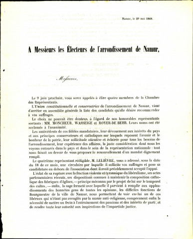 Appel à voter pour les candidats de l'Union constitutionnelle et conservatrice de l'arrondissement de Namur.