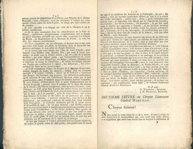 Extrait du protocole des procès-verbaux de l'Assemblée des représentants provisoires du peuple souverain de la Province libre de Namur constituée le 23 décembre 1792. Demande auprès du lieutenant-général Harville de la suspension de la publication du décret de la Convention nationale de France du 15 décembre 1792 "attentatoire à la Liberté des Provinces Belgiques". Signé X. Wasseige secrétaire, J.D. Mathieu secrétaire