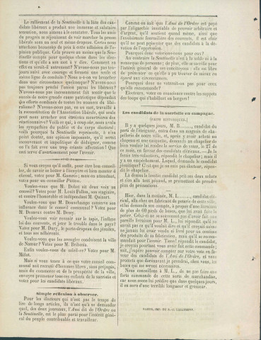 Supplément de La Sentinelle du 22 octobre 1857 appelant à voter pour les candidats libéraux.