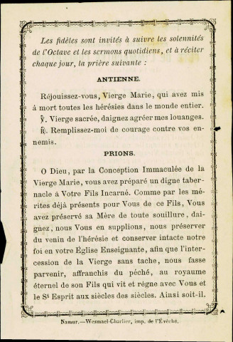 Annonce de l'Octave solennelle de l'Immaculée Conception de la sainte Vierge qui commencera, selon une mention manuscrite, le 8 décembre 1869, en la paroisse de Saint-Jean-l'Évangéliste, dans la cathédrale.