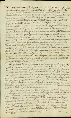 Instructions sur la loi du 16 vendémiaire an 5 (7 octobre 1796) quant à la nomination des commissions administratives des hospices civils, provenant du Ministre de l'intérieur (Bénézech), à destination de l'administration centrale du département de Sambre et Meuse. Copie conforme.