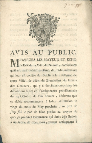 Avis au public du mayeur et des échevins de la Ville de Namur concernant la reprise de la distillation du genevièvre. Signé S.J. Lafontaine.