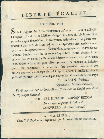 Annonce des commissaires nationaux du Conseil exécutif de la République française sur l'obligation pour les autorités religieuses de payer les arriérés d'impôts au receveur Mazure. Signé Philippe Rigaud et Scipion Bexon Commissaires nationaux du Conseil exécutif de République française.