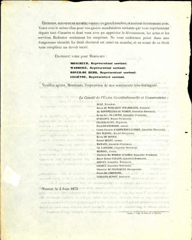 Appel à voter pour les candidats de l'Union constitutionnelle et conservatrice de l'arrondissement de Namur.