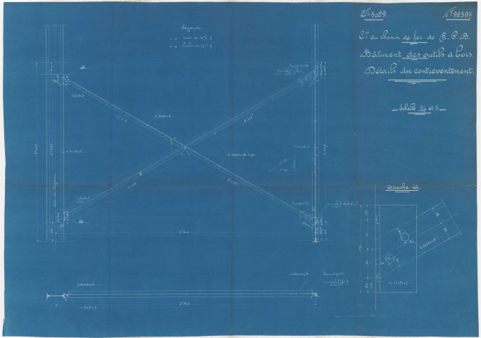 Société du chemin de fer , Rosario - Puerto Belgrano. Bâtiment des outils à bois.Détails du contreventement.