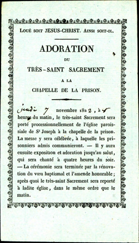 Annonces d'adorations du Très-Saint-Sacrement à la chapelle de la prison.