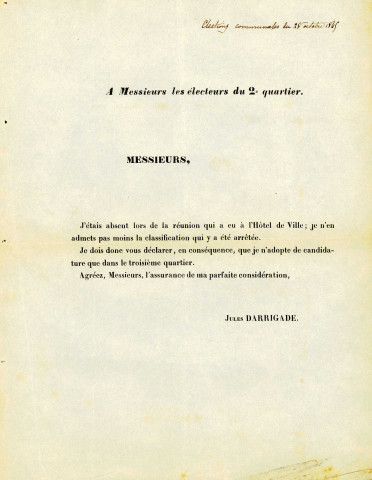 Lettre de Jules Darrigade aux électeurs du deuxième quartier dans laquelle il déclare n'adopter de candidature que dans le troisième quartier.