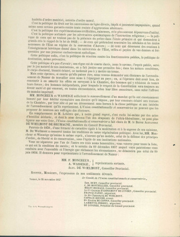 Appel à voter pour les candidats de l'Union constitutionnelle et conservatrice de l'arrondissement de Namur.