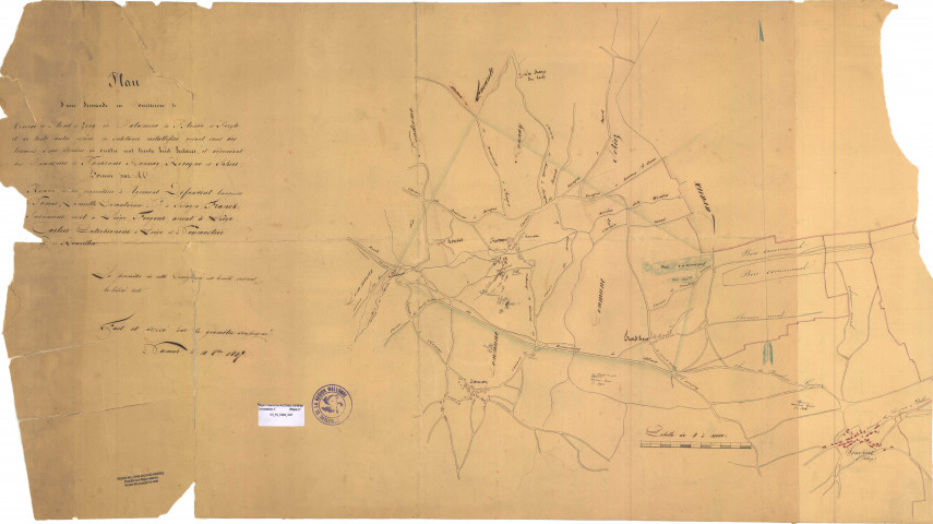 Plan d'une demande de concession de Minerai de Plomb et Zinc, de Calamine, de Blende, de Piryte et de toute autre espèce de substance métallifère, gisant sous des terrains d'une étendue de quatre cent trente huit hectares, et dépendant des Communes de Pondrome, Honnay, Revogne et Sohier...