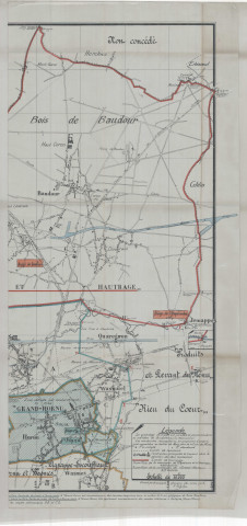 Plan de surface en quadruple expédition, (...), annexé à la requête collective de la Sté Am des Charbonnages du Hainaut à Hautrage, et de la Société Civile des Usines et Mines de houille du Grand-Hornu, à Hornu, en date du 29 Décembre 1950, et tendant à obtenir l'autorisation :
1°) La première de la seconde, pour être réunie et fusionnée à sa concession de "L'Espérance et d'Hautrage", la concession du "Grand-Hornu" ;
2°) La seconde, de céder à la première, sa concession du "Grand-Hornu" ;
3°) De pouvoir rompre les espontes séparant les deux conceptions précitées.