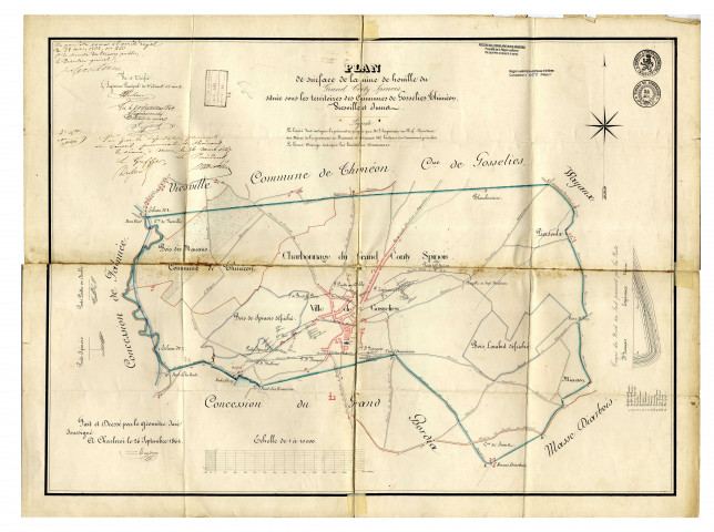 Plan de surface de la mine de houille du Grand-Conty-Spinois située sous les territoires des Communes de Gosselies, Thiméon, Viesville et Jumet.