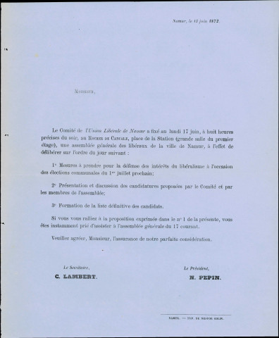 Convocation à l'assemblée générale que l'Union libérale de Namur organise le 17 juin 1872.