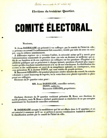 Lettre aux électeurs du troisième quartier leur demandant de voter pour Jules Darrigade, Nicolas-Lambert Pépin et Dieudonné Gérard.