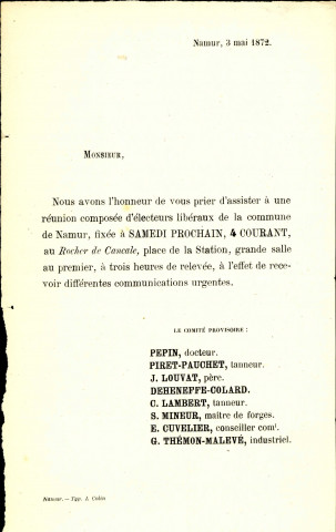 Invitation à participer, le 4 mai 1872, à une réunion avec les candidats de l'Union libérale.