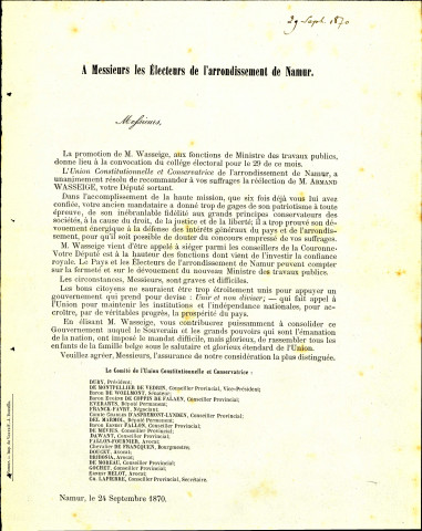 Appel à voter pour Armand Wasseige, candidat de l'Union constitutionnelle et conservatrice de l'arrondissement de Namur.