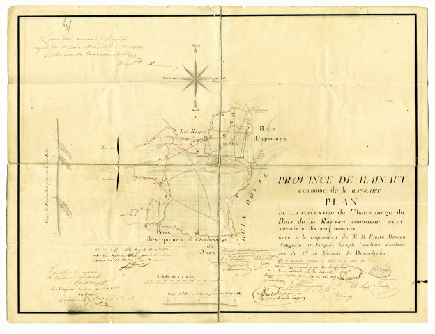 Plan de la concession du Charbonnage du Bois de la Ransart contenant cent soixante dix neufs bonniers. Levé à la réquisition de M.M. Emile Moreau Sangrain et Jacques Joseph Lambert mandataires de Mr le Marquis de Desandrouin.