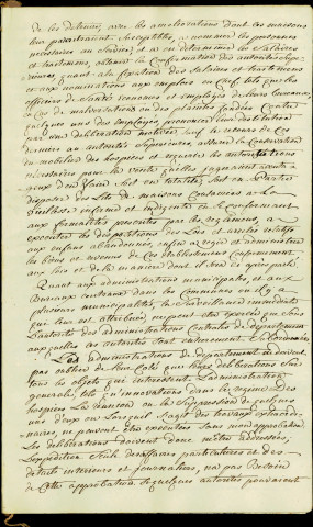 Complément d'instructions pour les administrations centrales de département sur l'exécution de la loi du 16 vendémiaire an 5 (7 octobre 1796) relative à l'administration des hospices civils, émanant du Ministère de l'intérieur. Copie conforme, signée Bénézech.