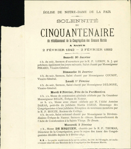 Programme de la solennité organisée, du 30 janvier 1892 au 3 février 1892, à l'église de Notre-Dame de la Paix de Namur, à l'occasion du cinquantenaire du rétablissement de la Congrégation des hommes mariés.