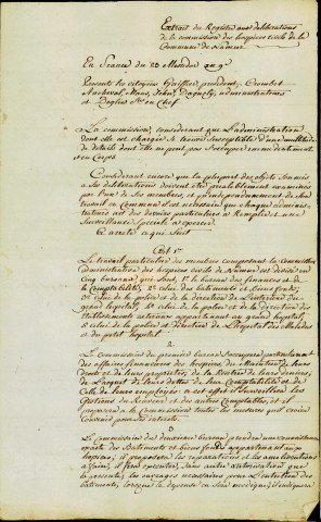 Extrait du registre aux délibérations de la Commission des hospices civils de la commune de Namur. Séance du 23 messidor an 9 (12 juillet 1801).