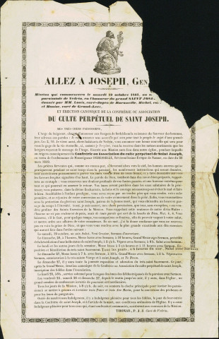 Annonce d'une mission qui commencera le 19 octobre 1861 et durant laquelle sera érigée, à l'église de Vedrin, une Confrérie ou Association du culte perpétuel de saint Joseph. Ce document est signé par P.-J.-J. Thonar, curé de l'endroit.